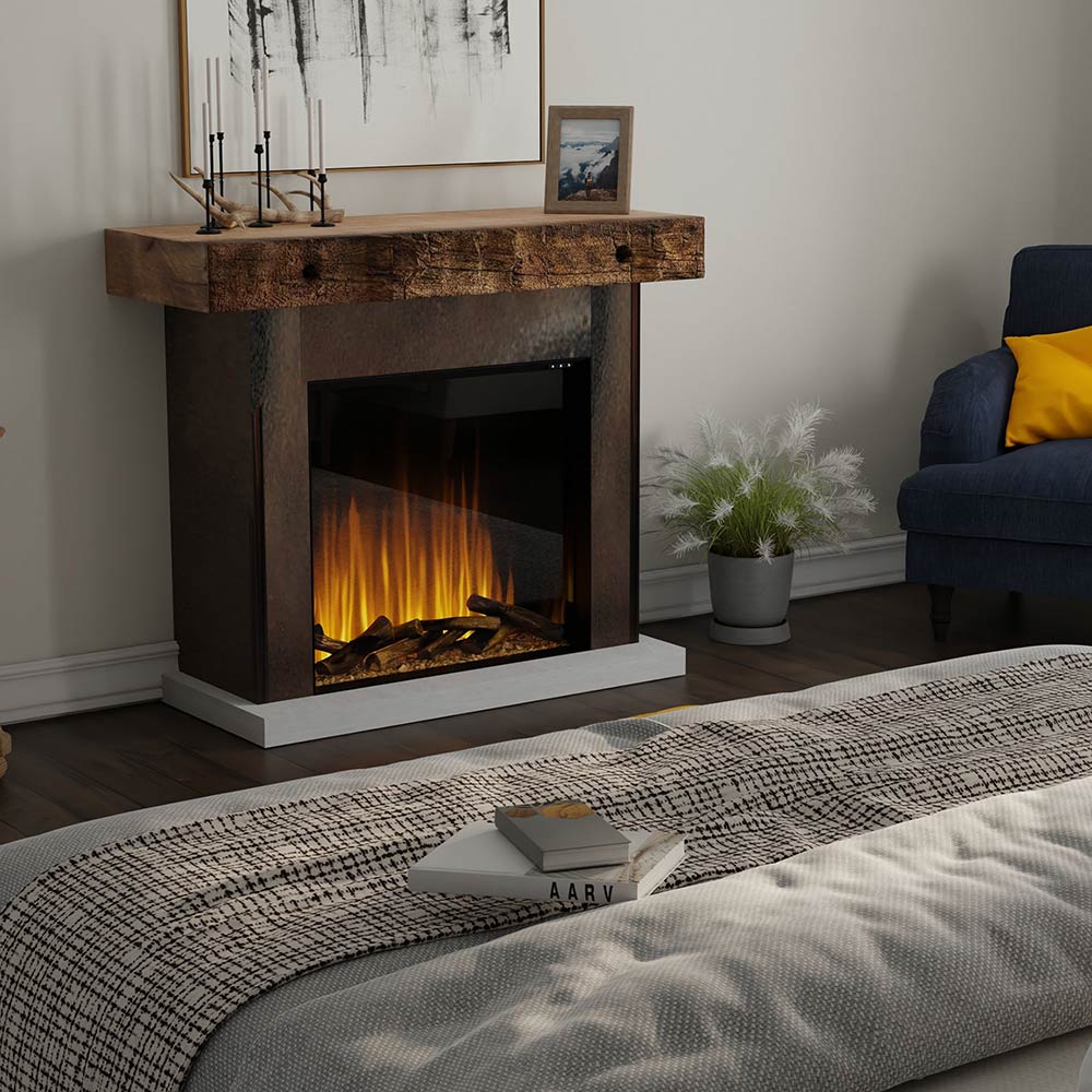 Built-in electric fireplace with flame effect and faux logs, in stone mantel