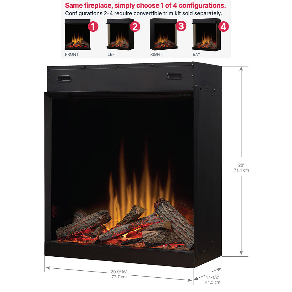 Front view built-in electric firebox with glowing flames, faux logs, and size diagram