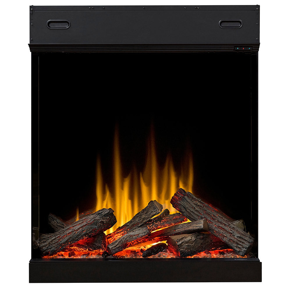 Black built-in electric firebox with glowing flames and charred log set