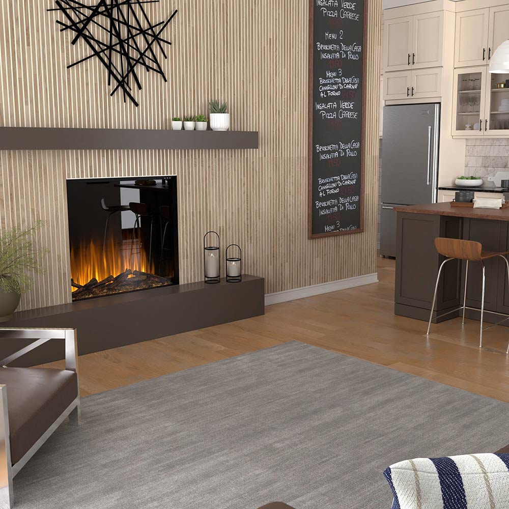 Built-in electric firebox in dark wall surround, lit flames over log bed