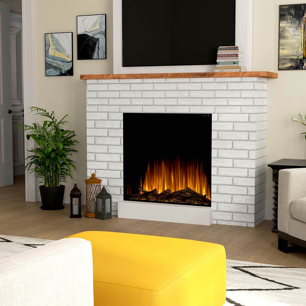 Electric firebox with faux flames and log bed, set into white brick surround