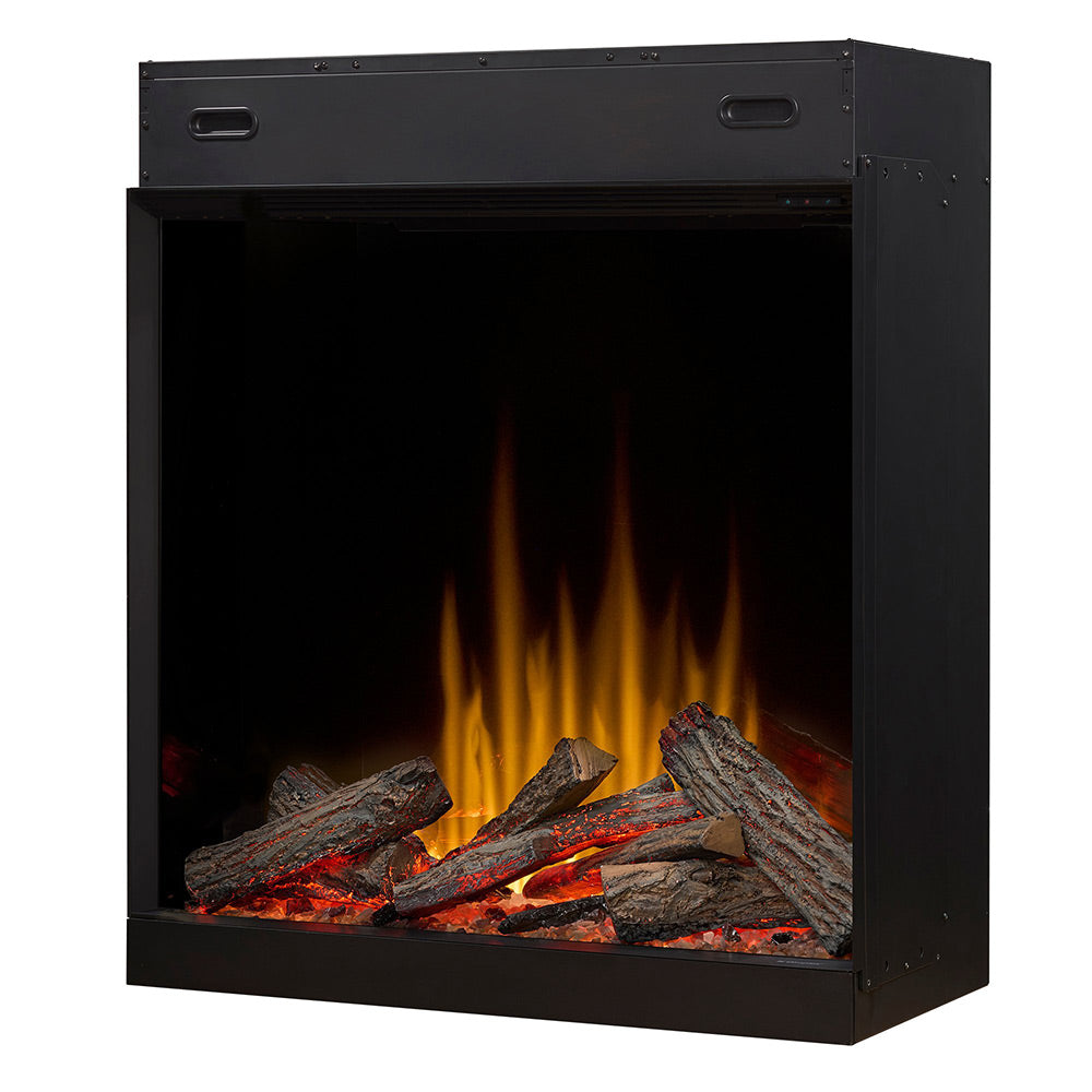 Black electric firebox front panel with orange-yellow flames and grey log pieces