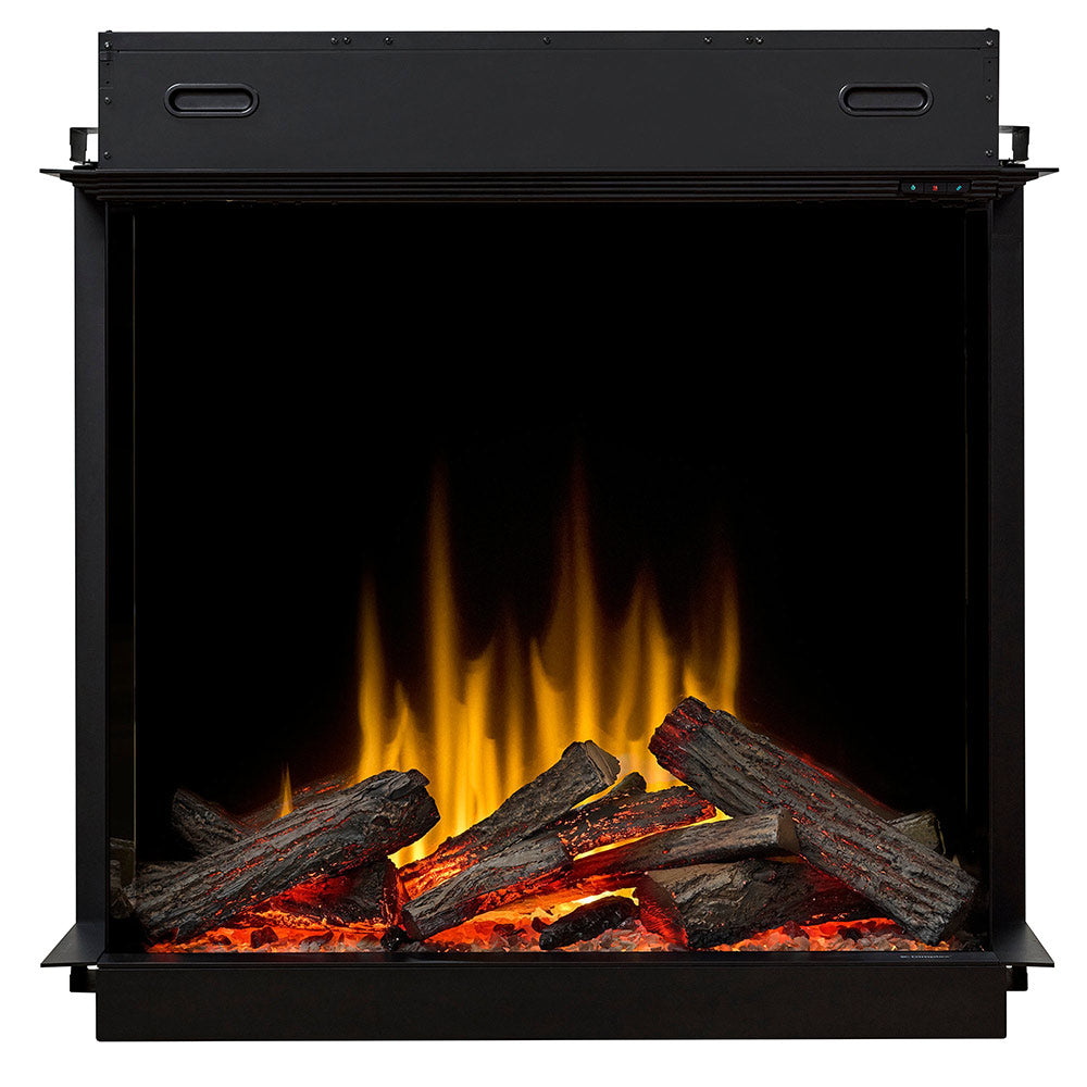 Built-in electric firebox with black frame, glowing flames and ember logs