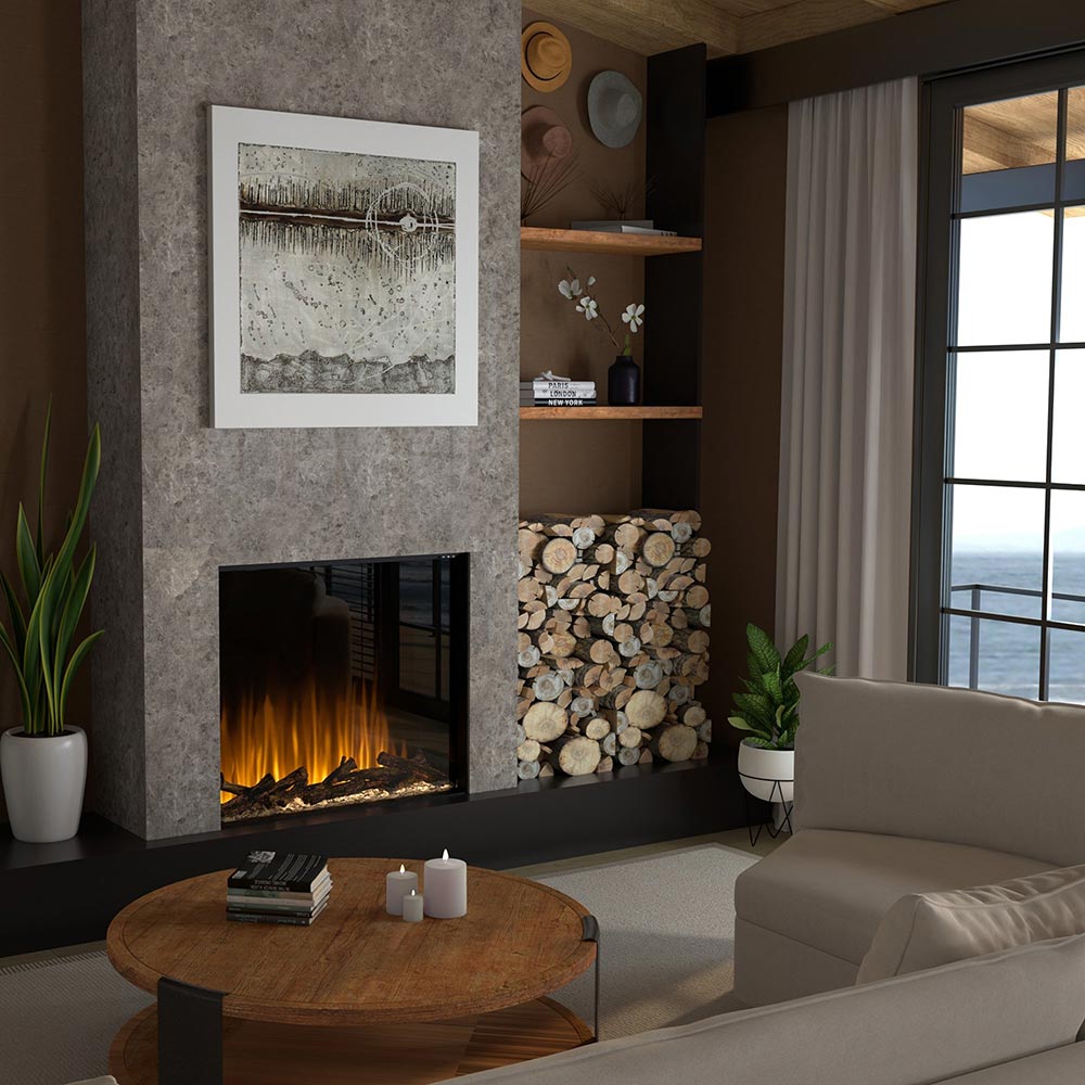 Built-in electric firebox set into wall with glowing flames and ember logs