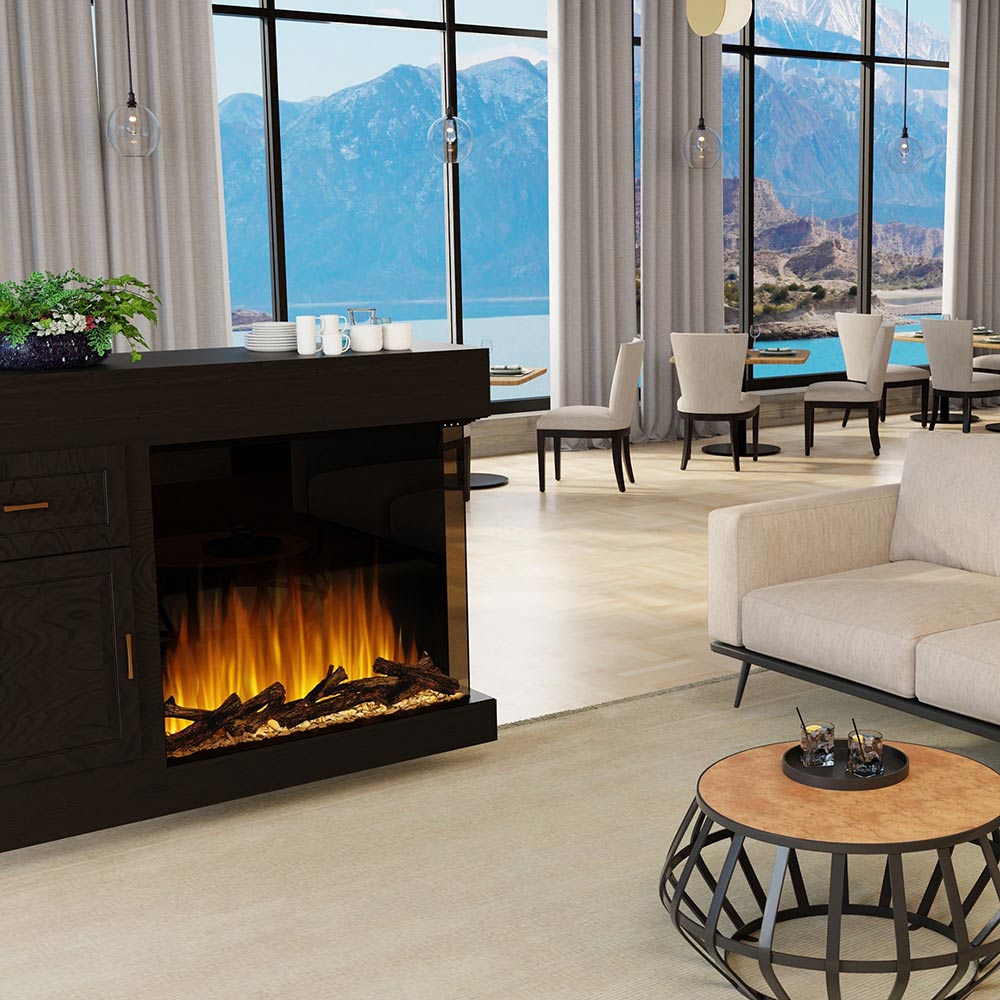 Built-in electric firebox in dark mantel, glowing flames with ember logs