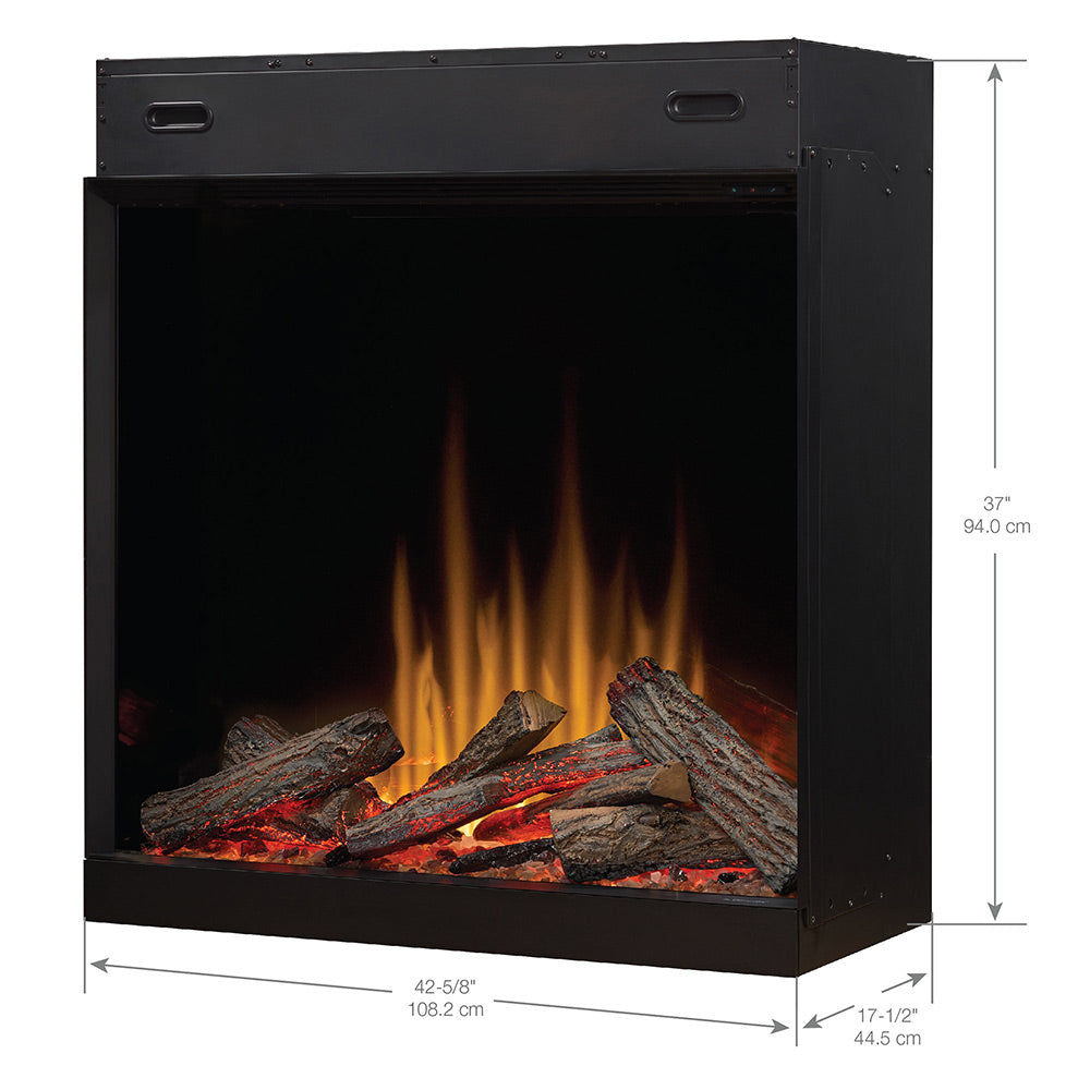 Built-in electric firebox front view with black housing and ember log glow