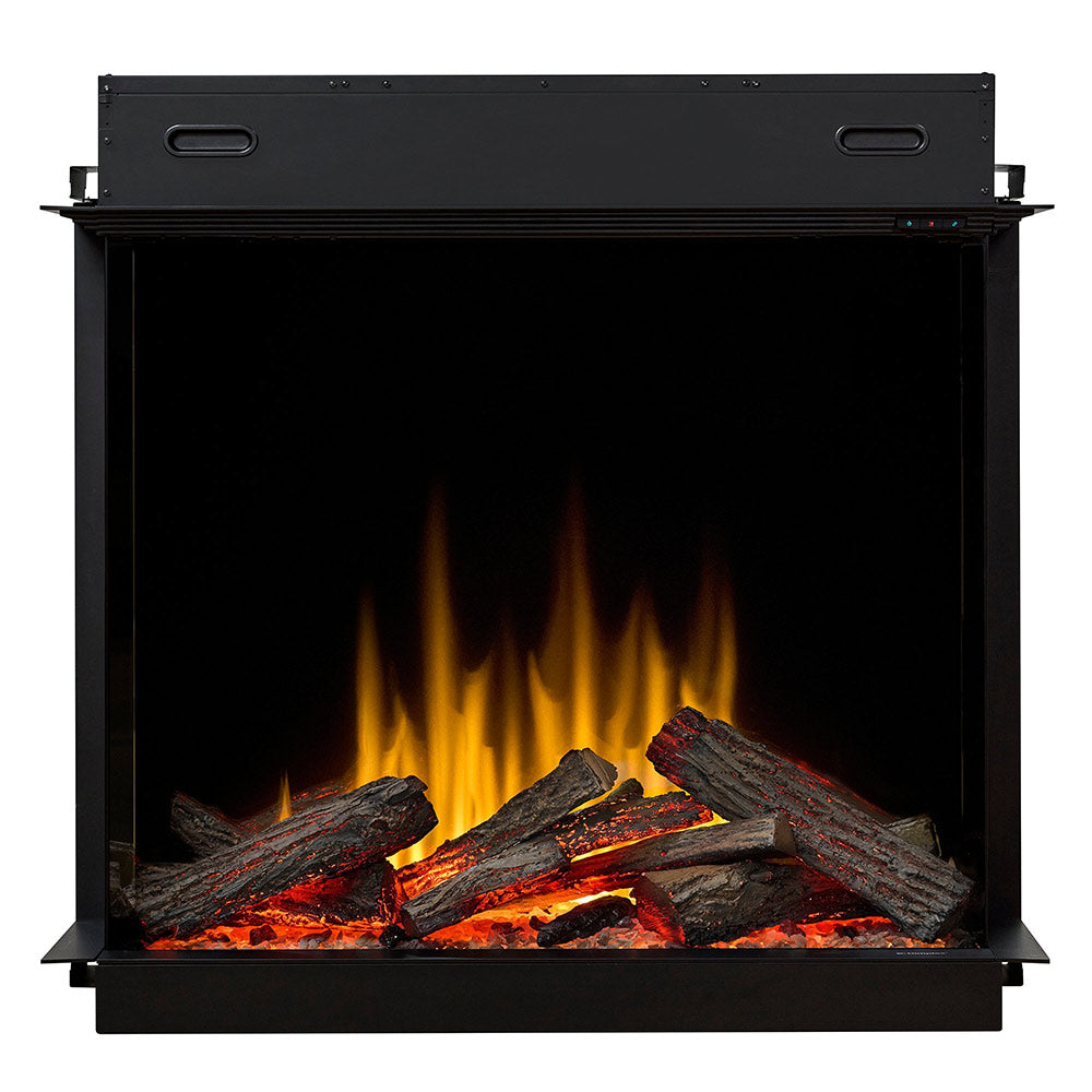 Built-in electric firebox with black frame and flame effect log set