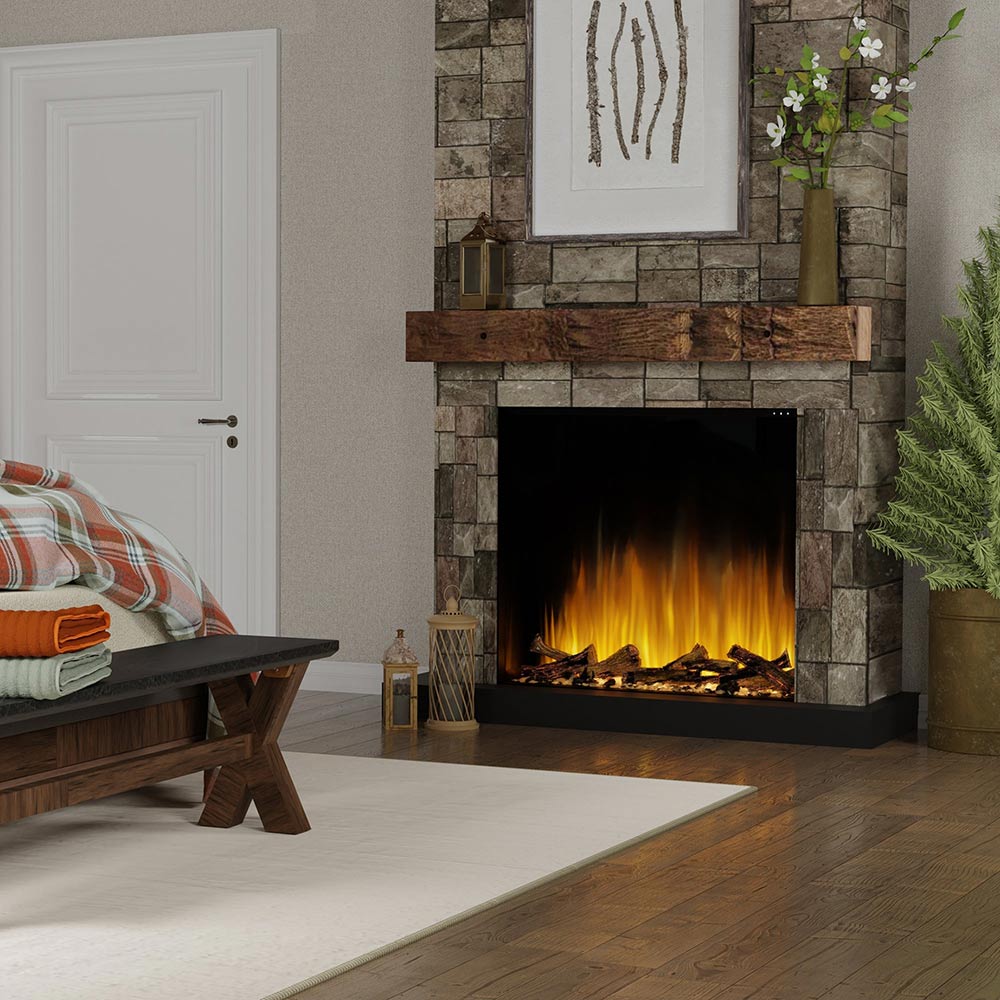 Built-in electric firebox with black frame, glowing flame effect and log set