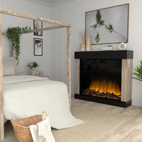 Built-in linear electric fireplace with flame screen and black mantel