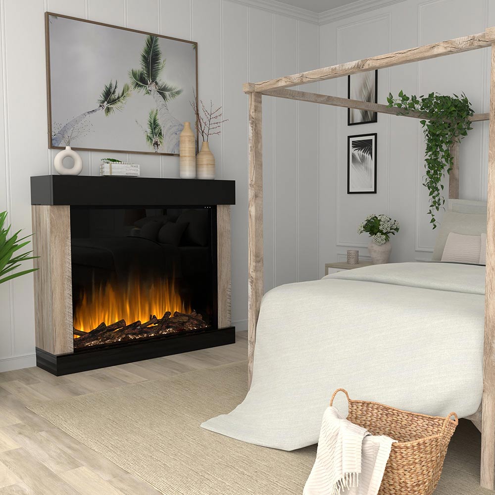 Built-in electric firebox with black surround and flame effect logs in view