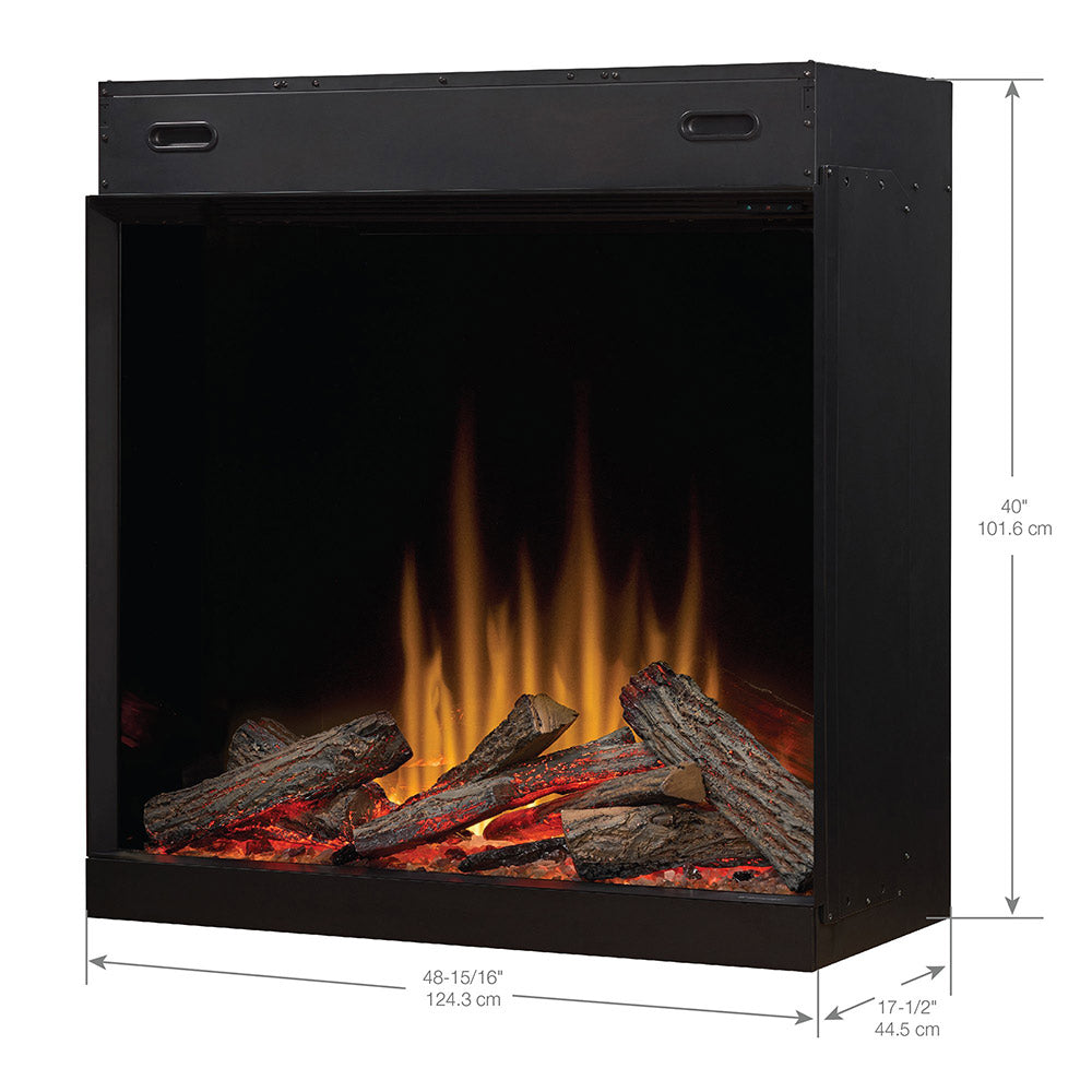 Electric firebox front view with flame effect logs and visible dimensions