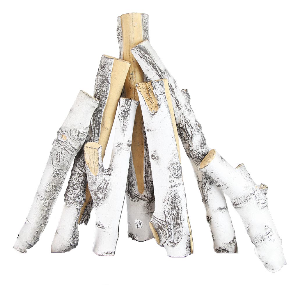 Aspen-style gas fireplace logs, stacked faux wood with pale bark and silver speckling