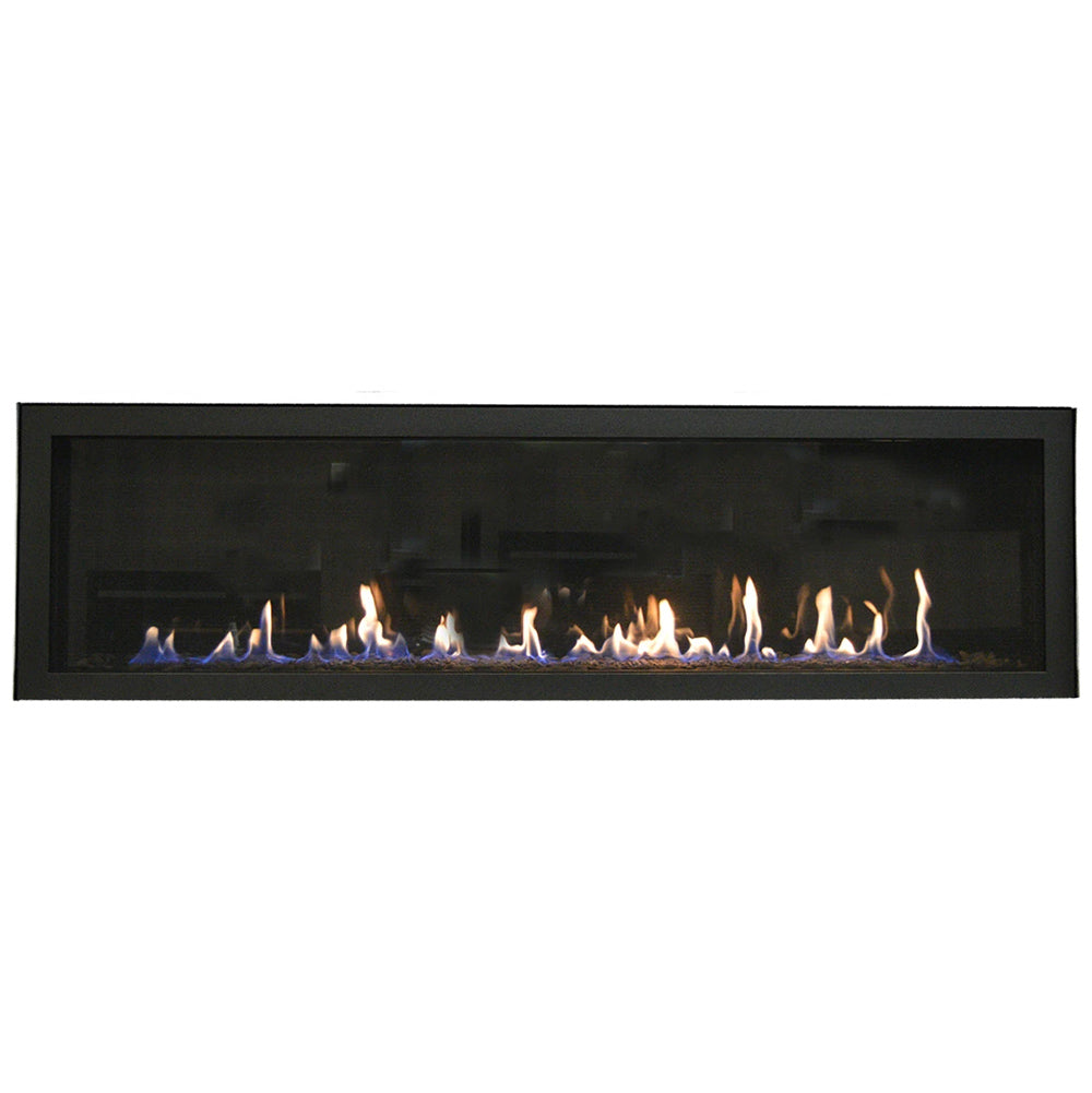 Wall-mounted linear gas fireplace with fireglass bed and active flame display