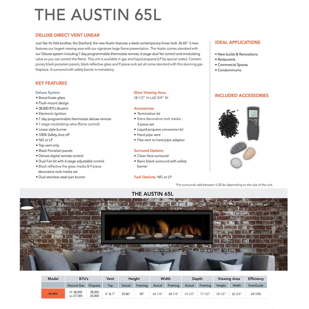Sierra Flame AUSTIN-65G-DELUXE 65-Inch Austin Direct Vent Built-In Linear Gas Fireplace with Fireglass and Rock Media