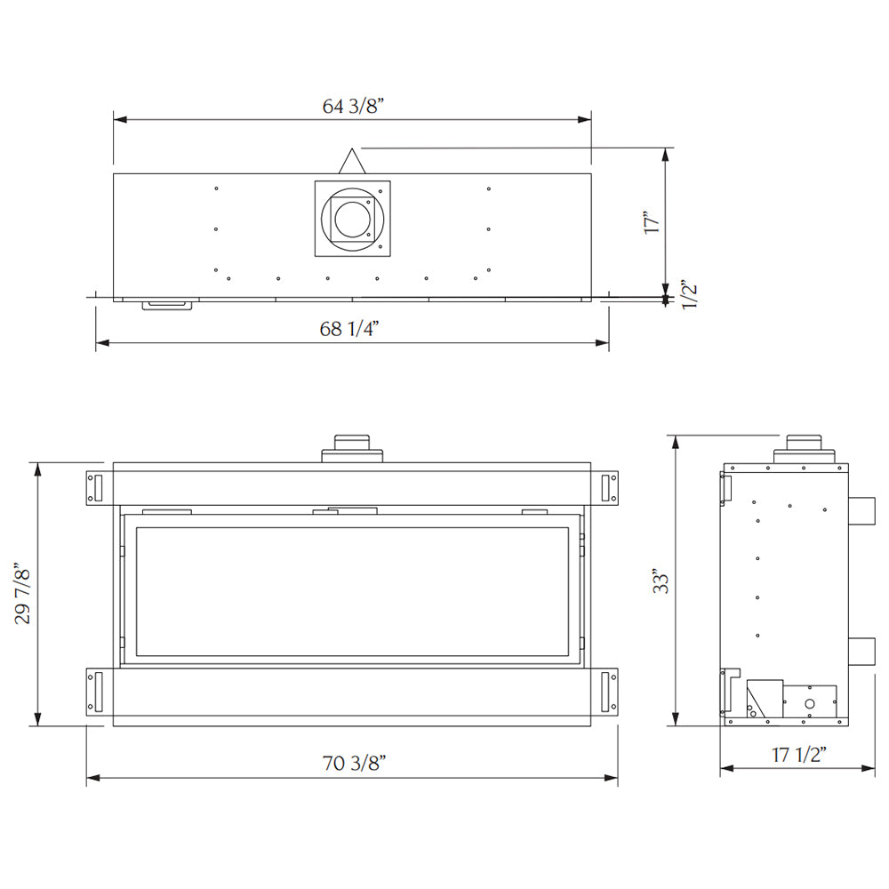 Linear gas fireplace with side view and front view dimension diagram
