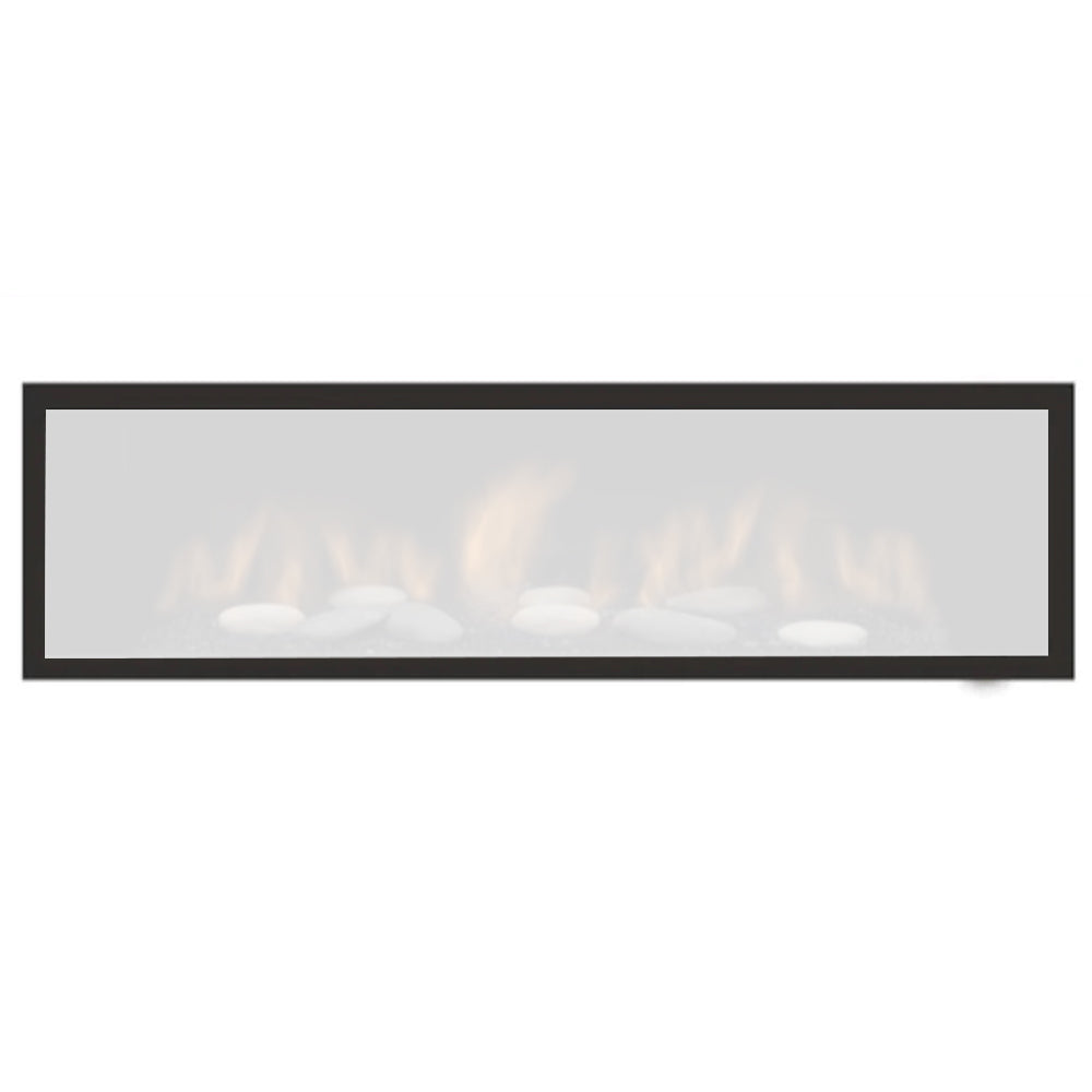 Black gas fireplace surround with rectangular glass viewing window