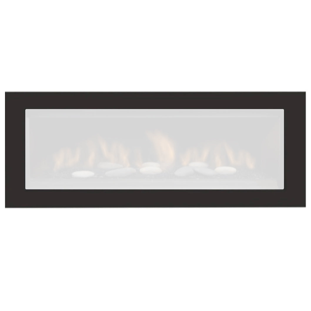 Gas fireplace safety barrier with dark frame and clear window showing flames