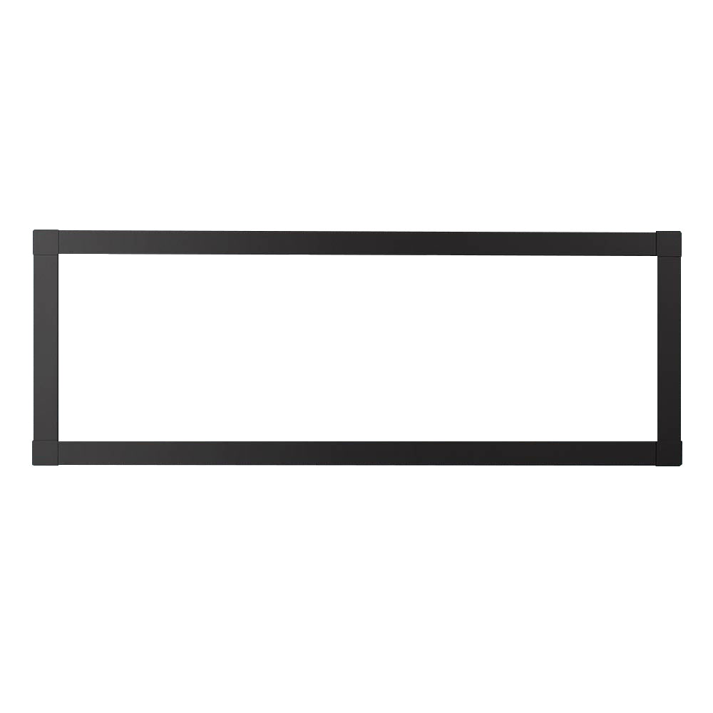 Black satin fireplace front panel with rectangular glass insert, flat contemporary frame