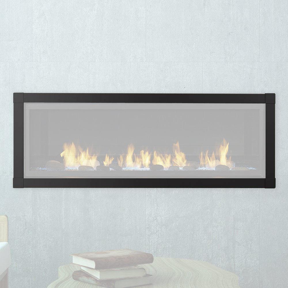 Installed black satin fireplace front with wide glass viewing window and visible flames