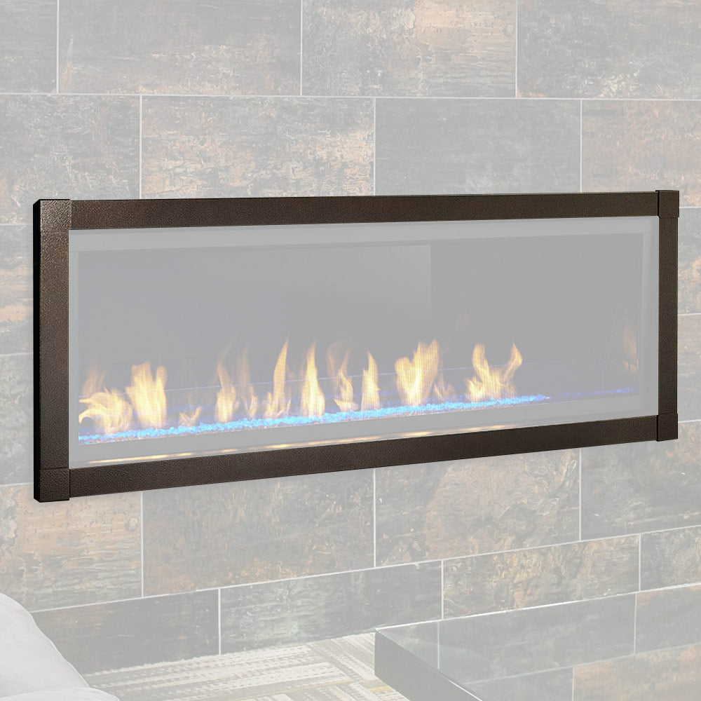 Veined copper fireplace front with glass panel and visible flames