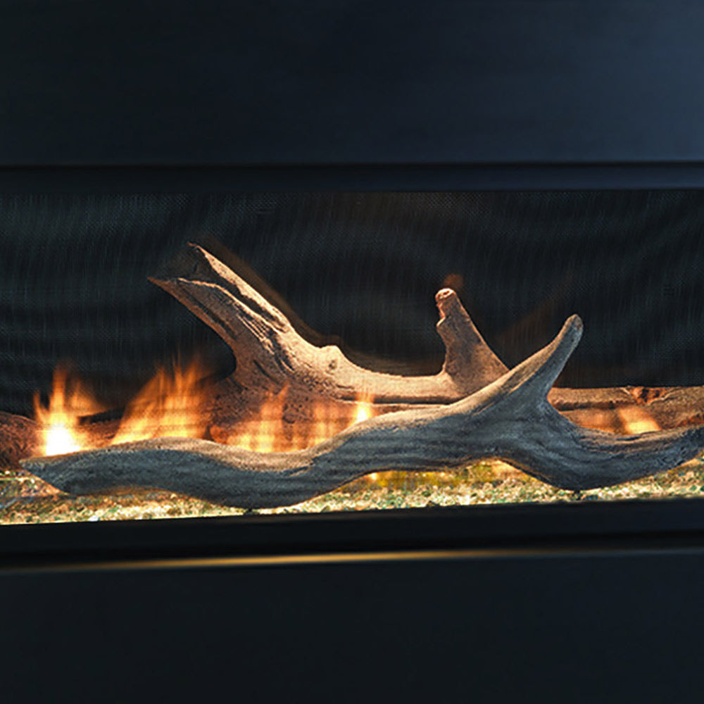 Fireplace log set with driftwood-style logs and orange flames
