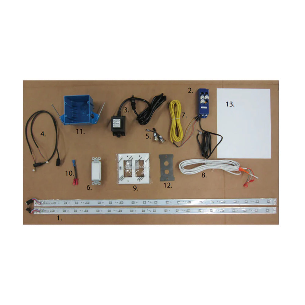 Accent lighting upgrade kit components with control box, wiring harness, connectors and cables