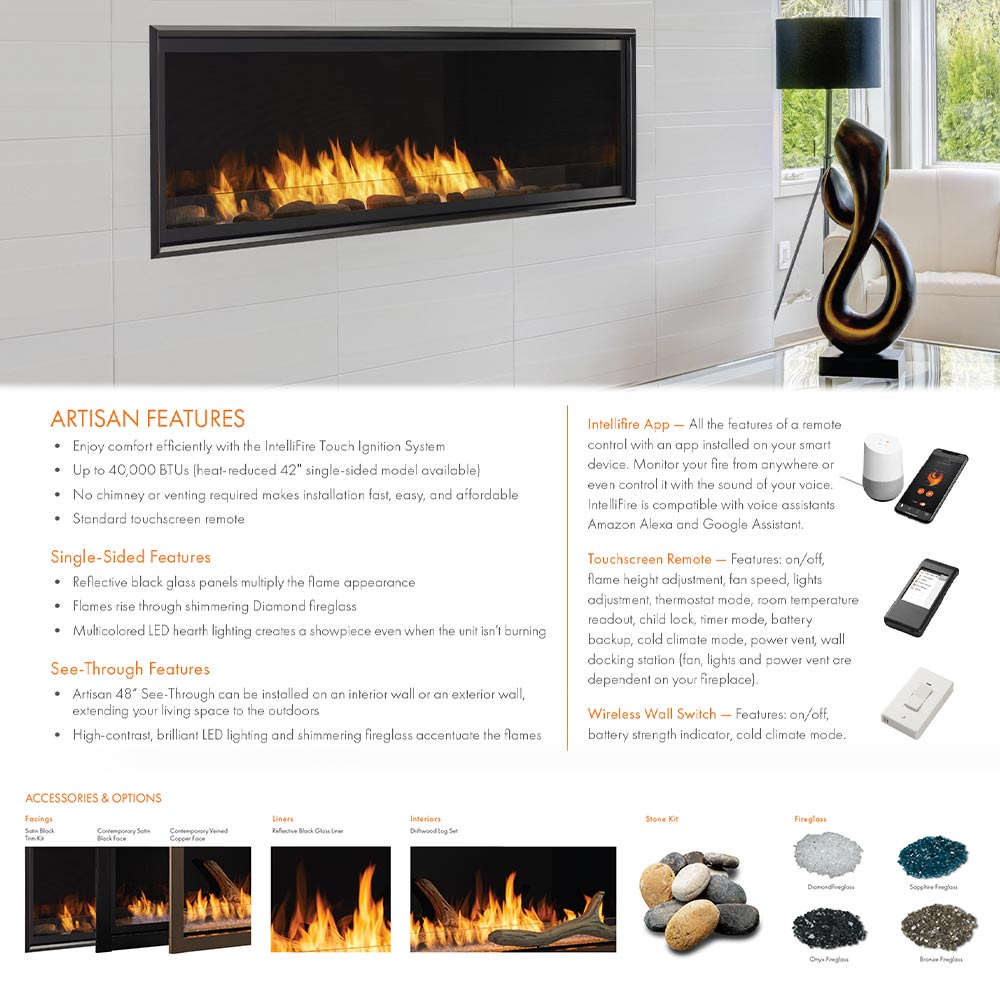 Monessen AVFL60-B Artisan 60-Inch Vent-Free Gas Fireplace with IntelliFire Touch Ignition