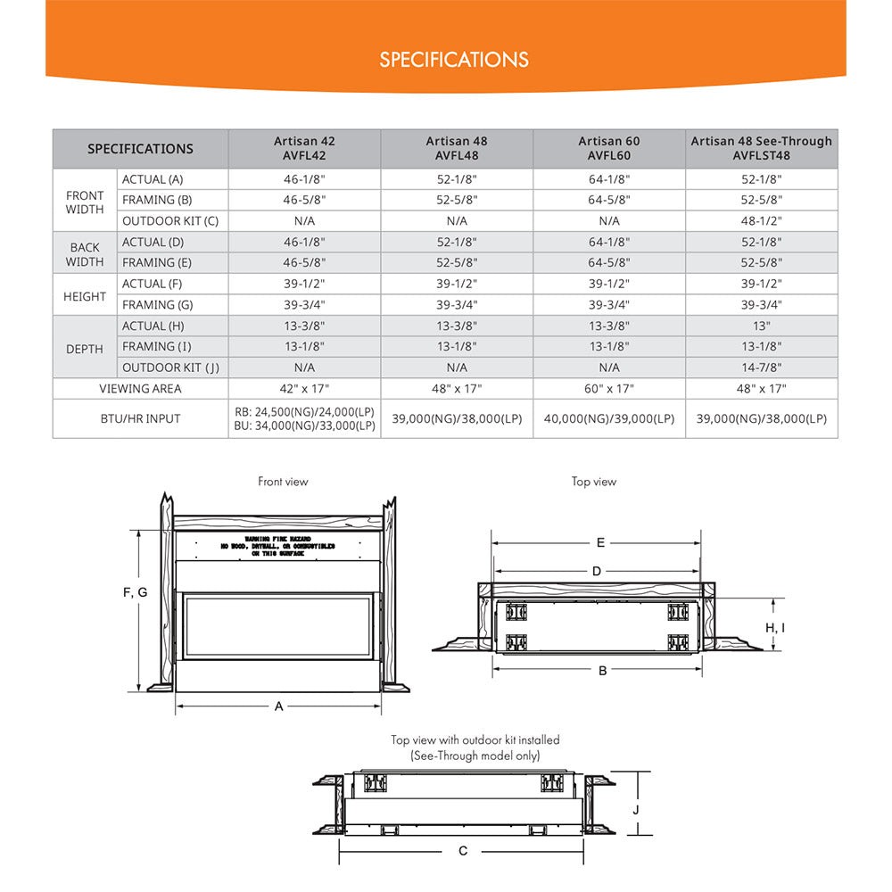 Monessen AVFL60-B Artisan 60-Inch Vent-Free Gas Fireplace with IntelliFire Touch Ignition