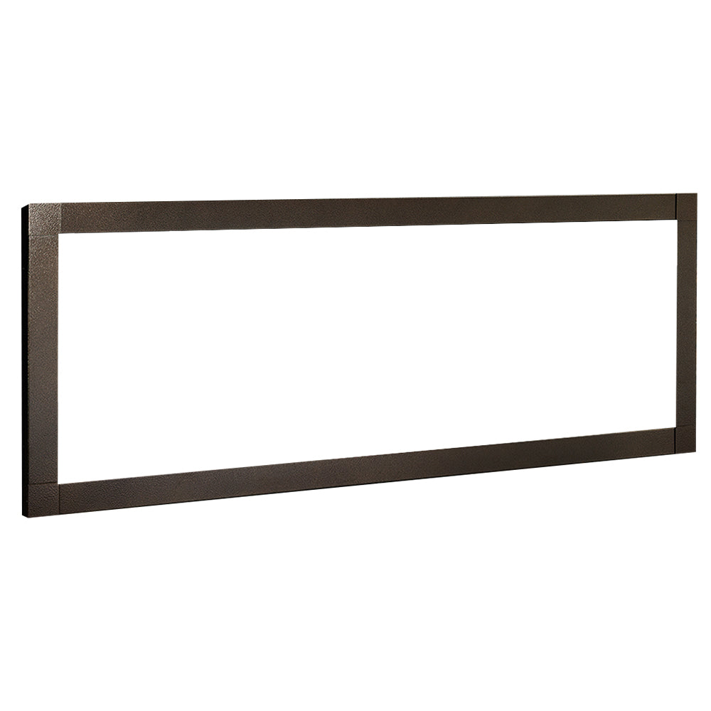 Veined copper fireplace front with rectangular open frame and dark inner panel