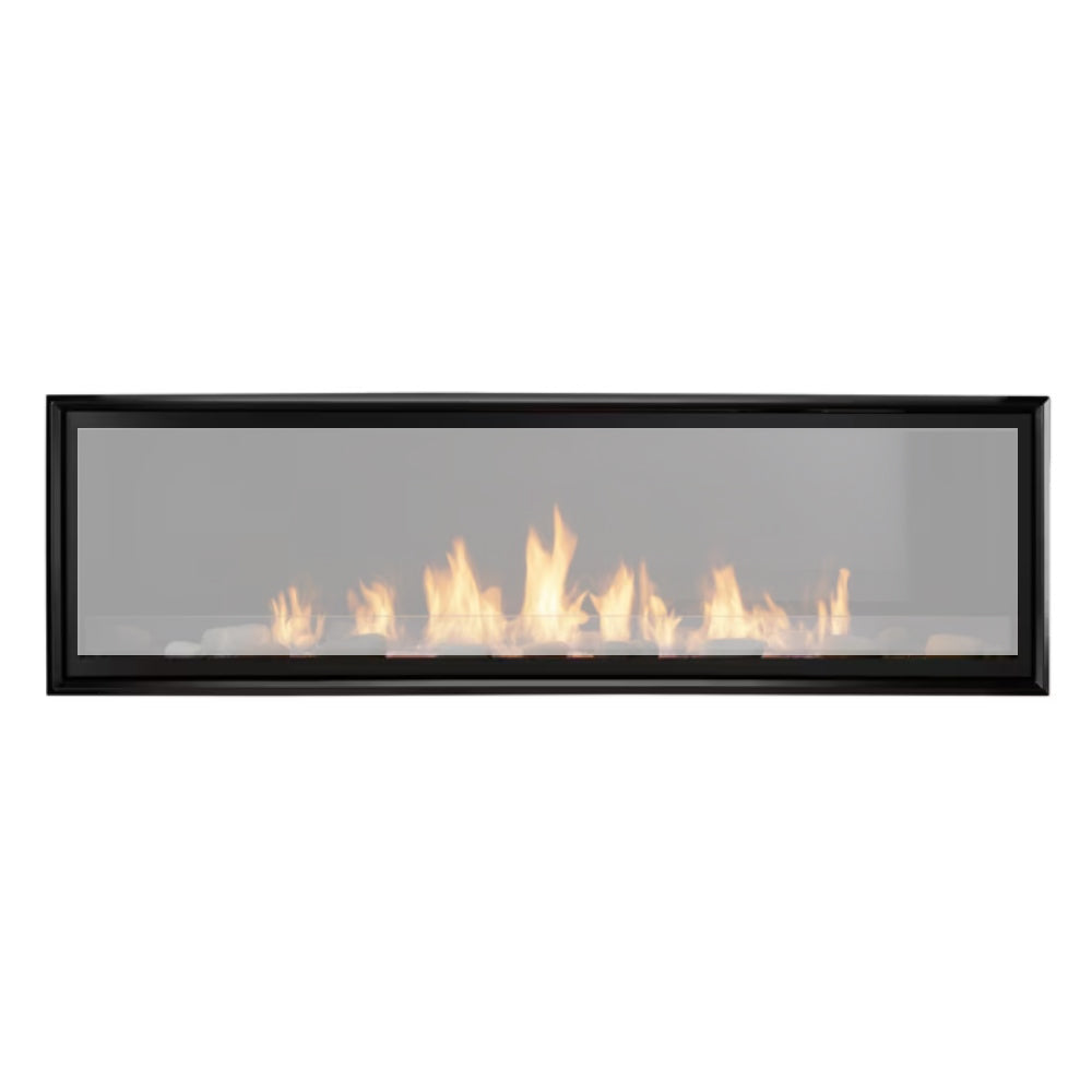 72-inch linear vent-free gas fireplace with satin black trim and glass viewing panel