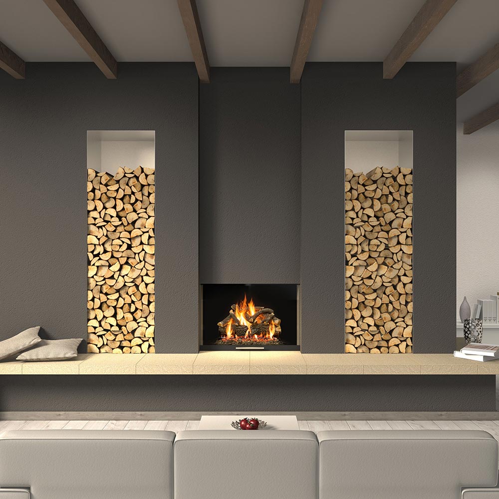 Vented gas fireplace log set with burning flames inside the firebox