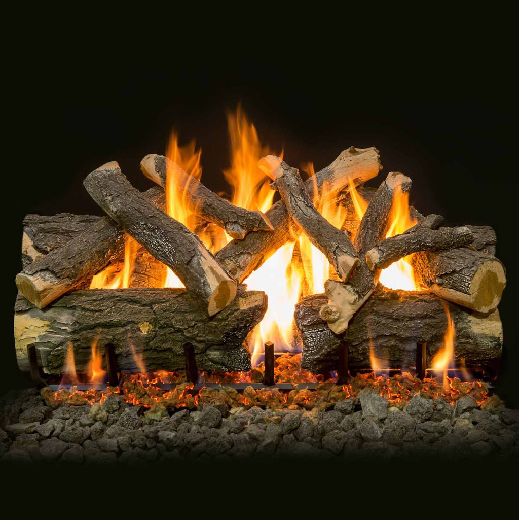 Charred gas log arrangement with large flames and bright ember bed