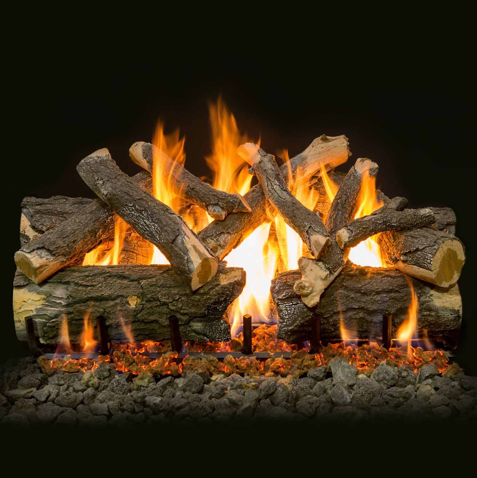 Charred gas log arrangement with large flames and bright ember bed