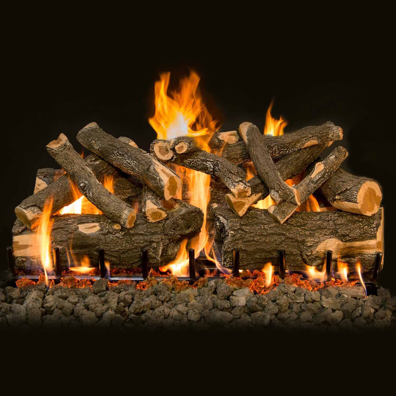 Vented gas log set with charred logs, visible flames, and lava rock bed