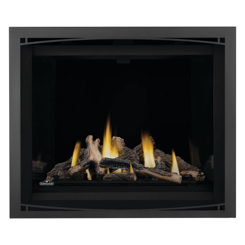 Black direct vent gas fireplace with burning logs and flames centered in the firebox