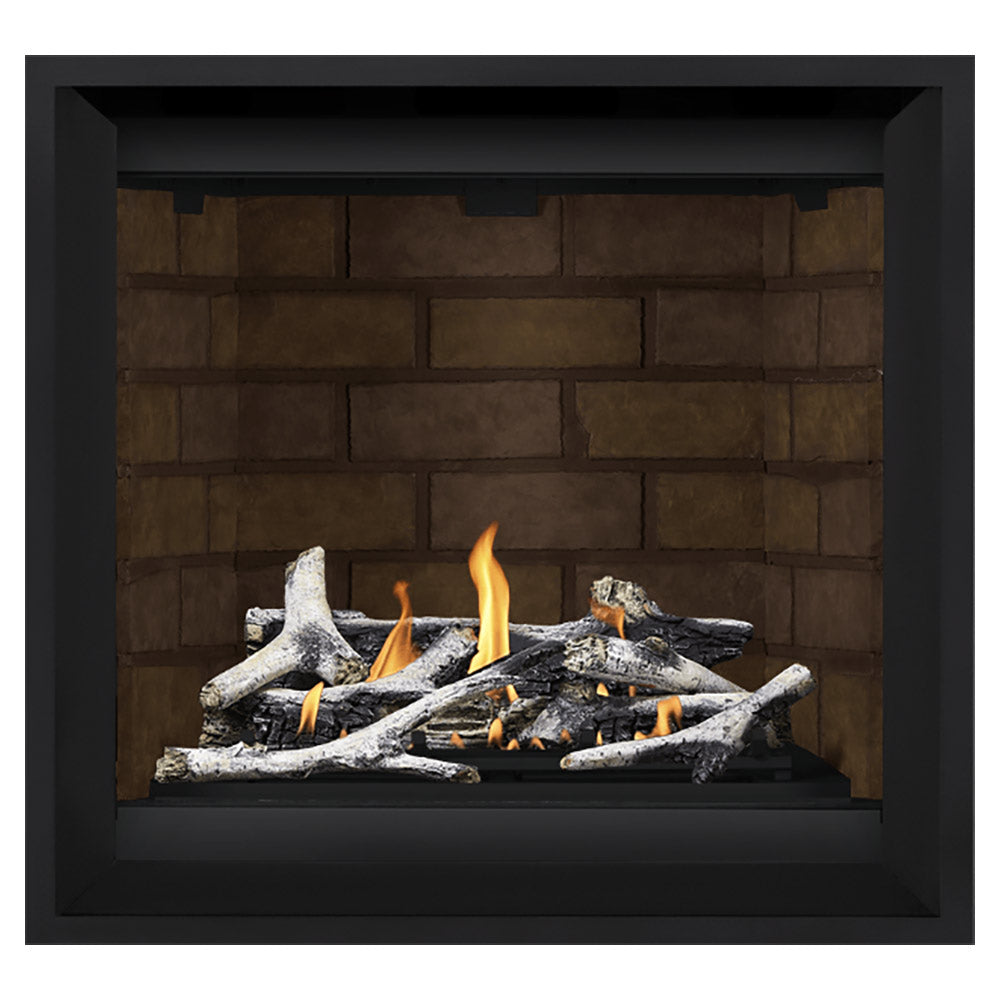 Gas fireplace with black frame, brown brick back, burning log set