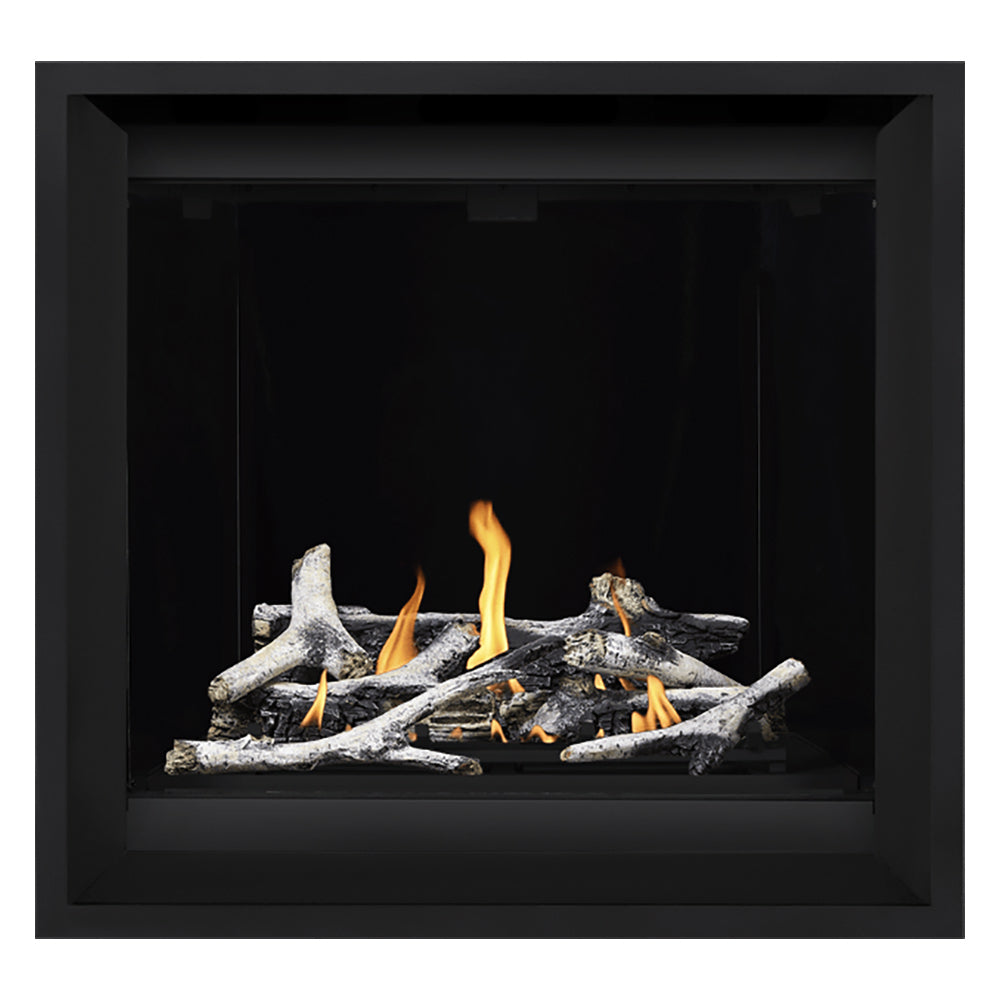 Gas fireplace with black frame, logs with flames, no visible brick back