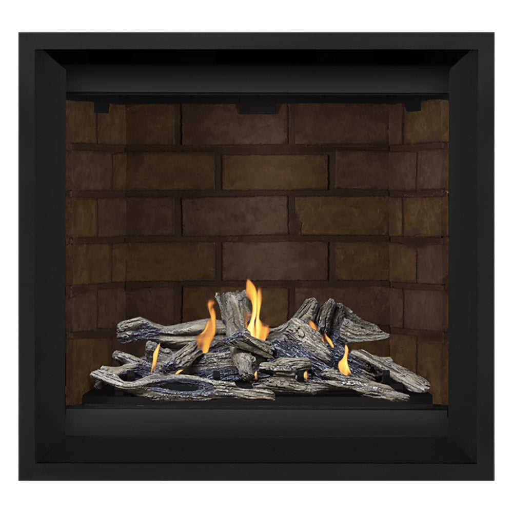 Gas fireplace with black frame, dark brick back, burning log set