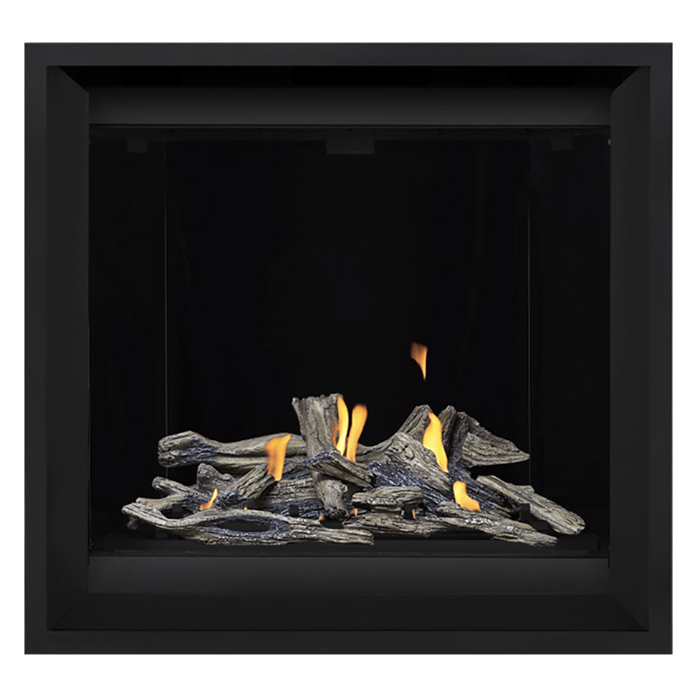 Gas fireplace insert with black frame and burning logs
