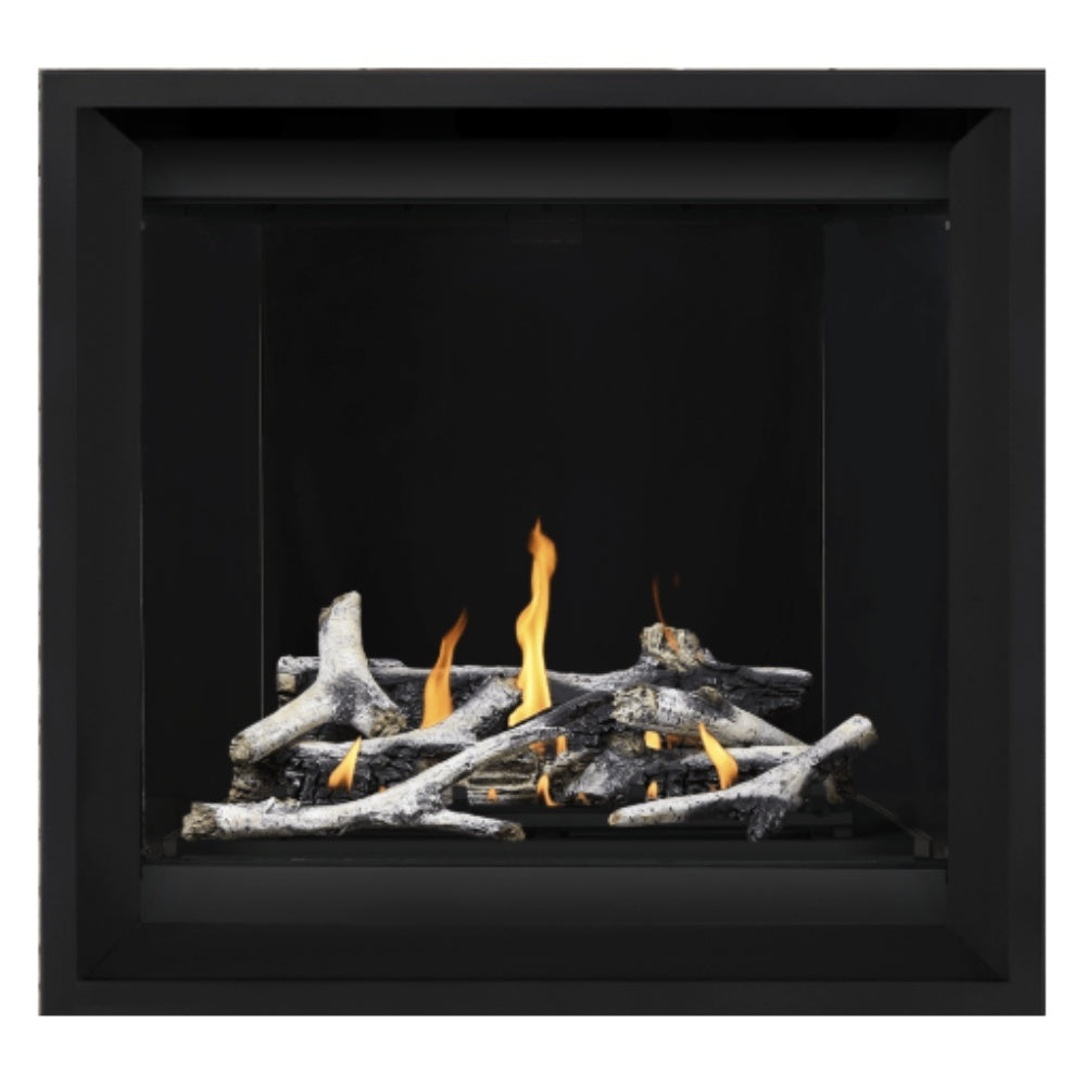 Direct vent gas fireplace with burning wood logs and orange flames inside a black firebox
