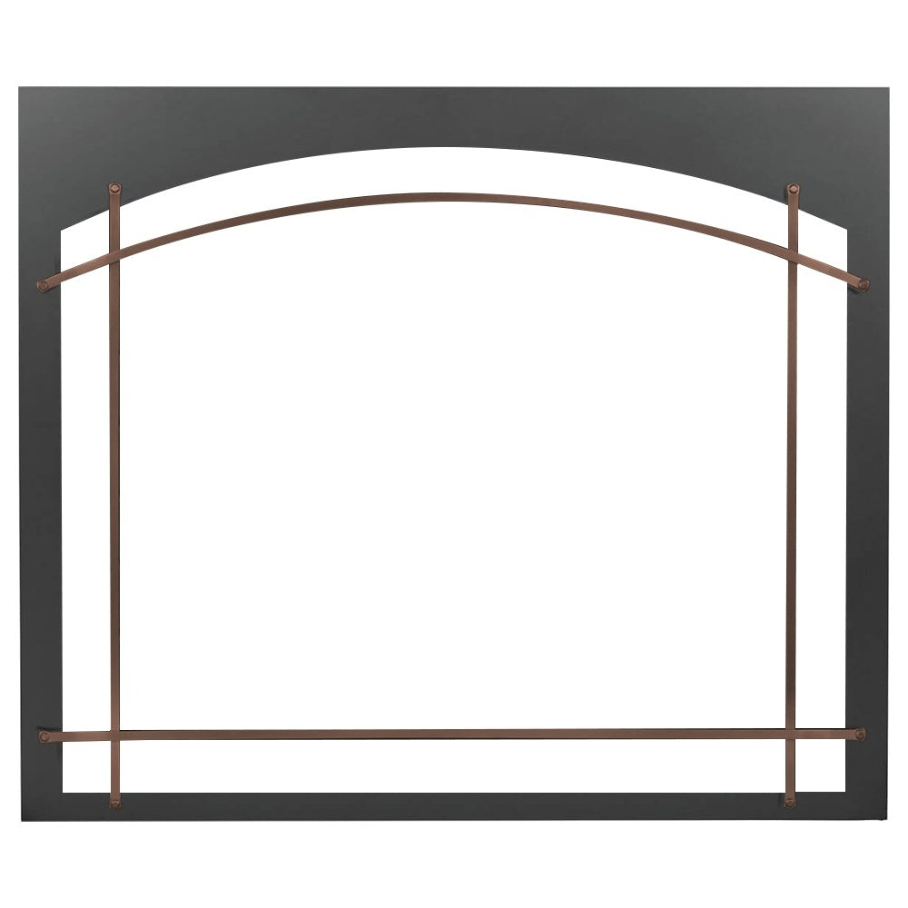 Arched metal fireplace front with vertical posts and curved top bar