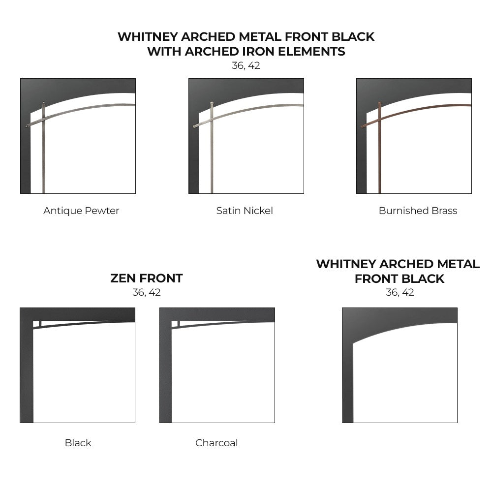 Decorative arched metal fireplace front color options display, various finishes shown