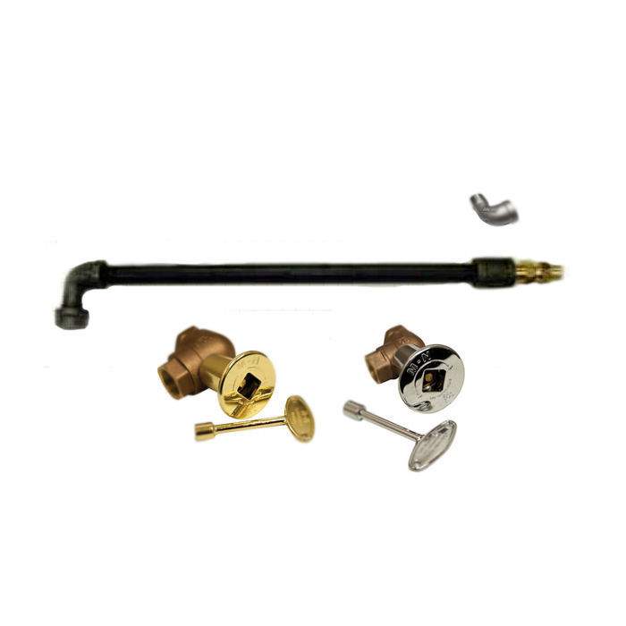 Gas log lighter burner kit with black gas tube, brass valve parts, igniter handle and dial