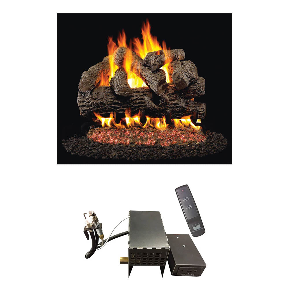 Vented gas log set with glowing oak-style logs, ember bed, and remote control