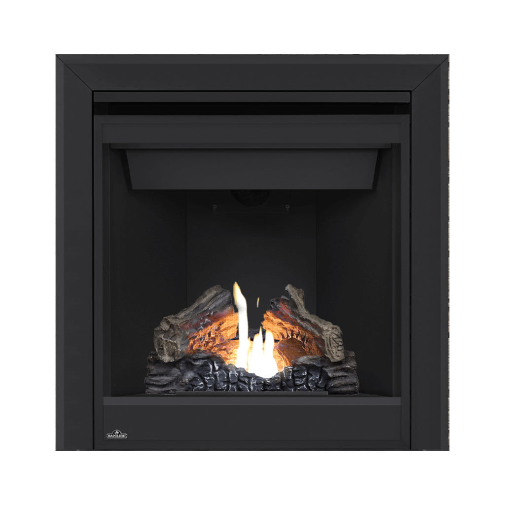 Black direct-vent gas fireplace with glass front, glowing logs and visible flame