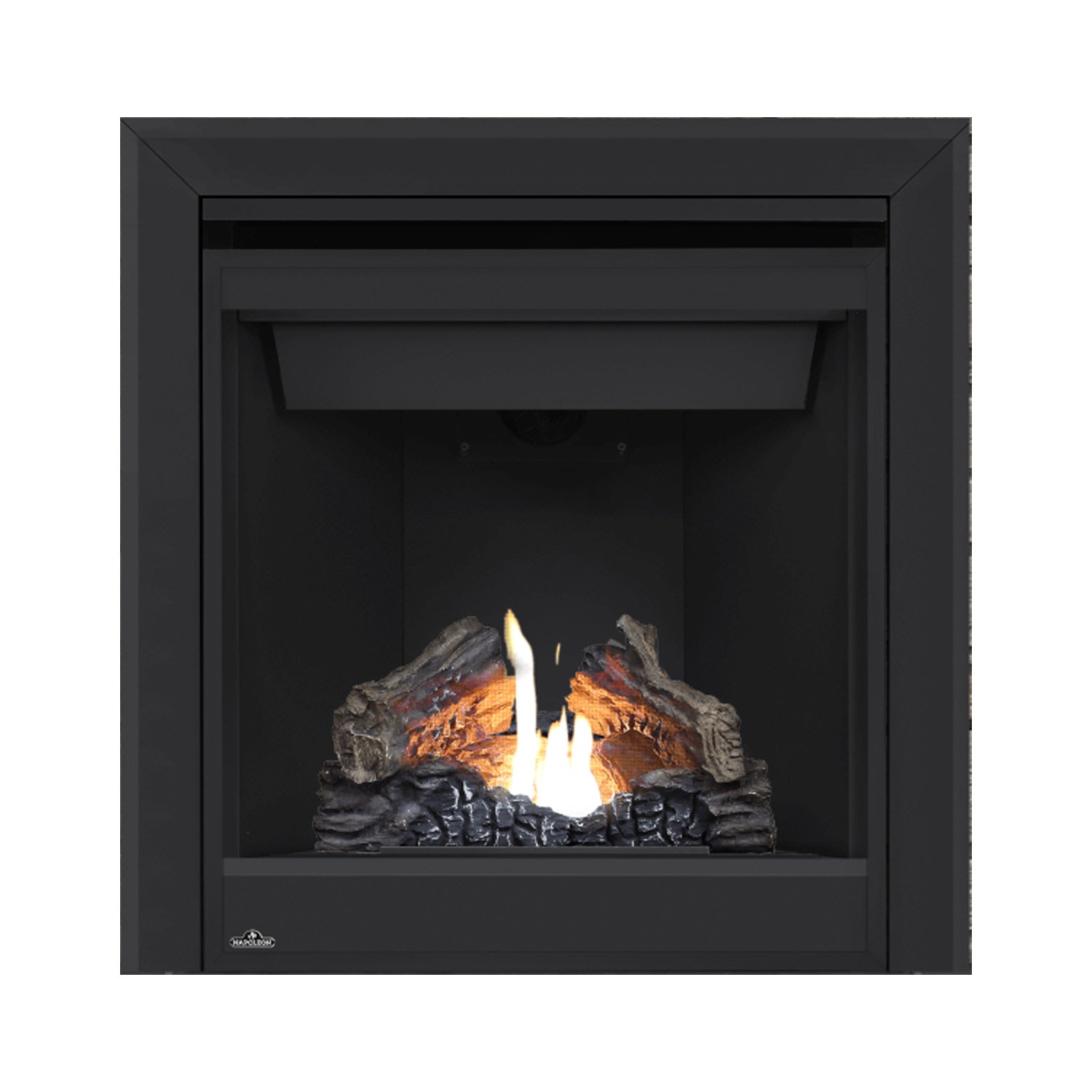 Black direct-vent gas fireplace with glass front, glowing logs and visible flame