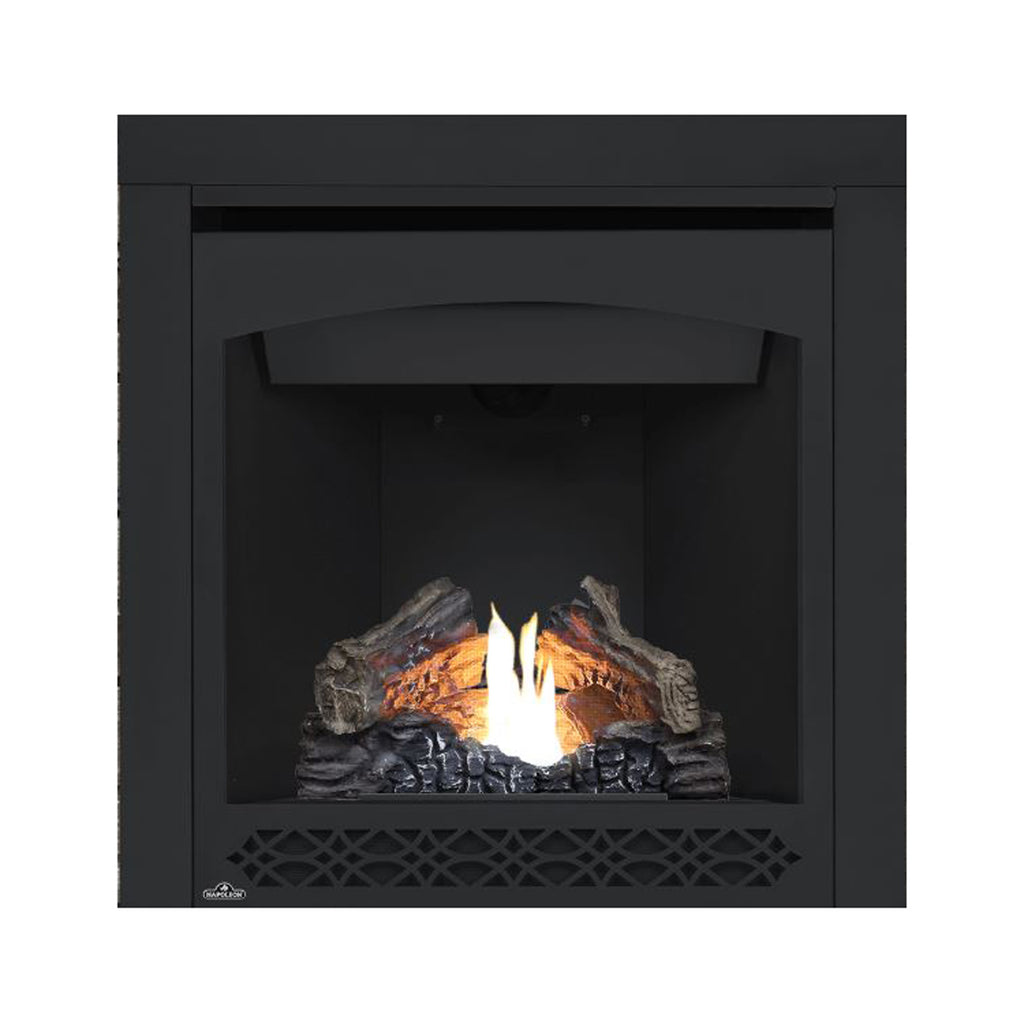 Black direct-vent gas fireplace with glass front; flame over logs and lower vent grille
