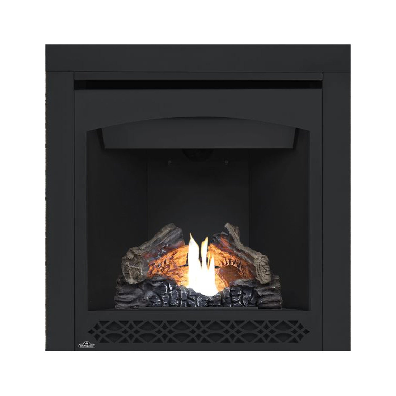 Black direct-vent gas fireplace with glass front; flame over logs and lower vent grille