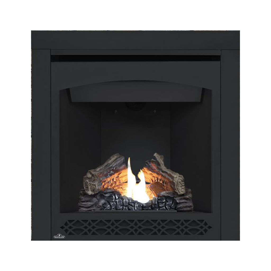 Black direct-vent gas fireplace with glass front; flame over logs and diamond vent grille