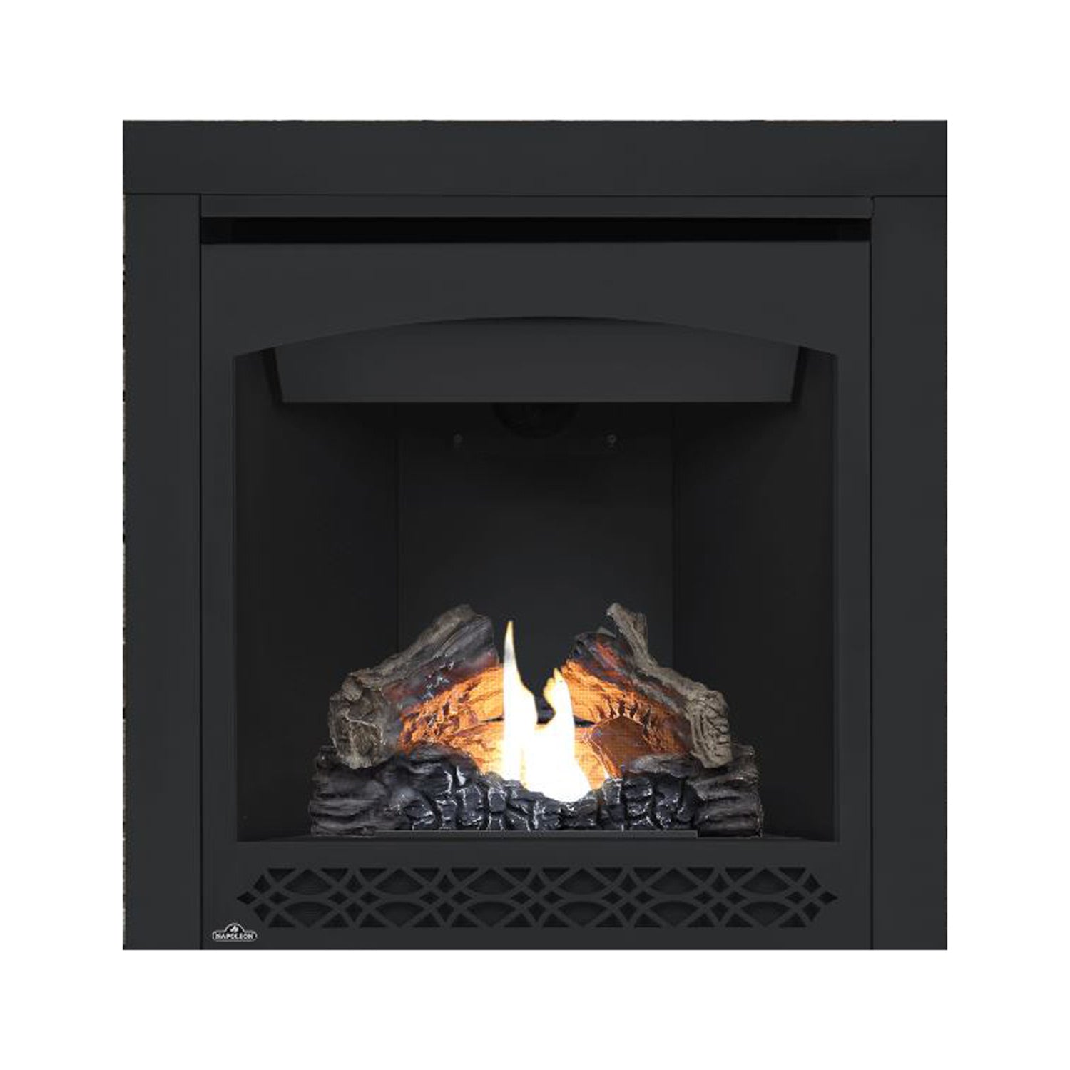 Black direct-vent gas fireplace with glass front; flame over logs and diamond vent grille